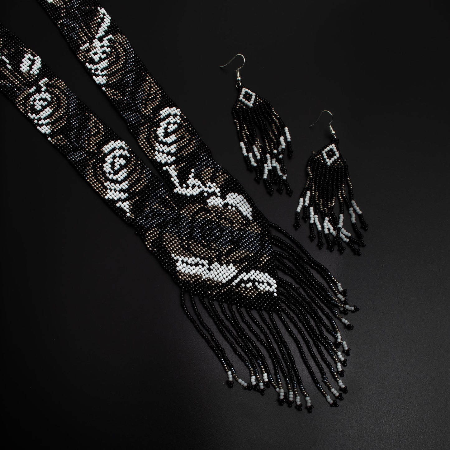 Black Beaded Necklace  Fringe Earrings Set  Handmade Traditional Ukraine Necklace with White Rose Design  Beaded Earrings