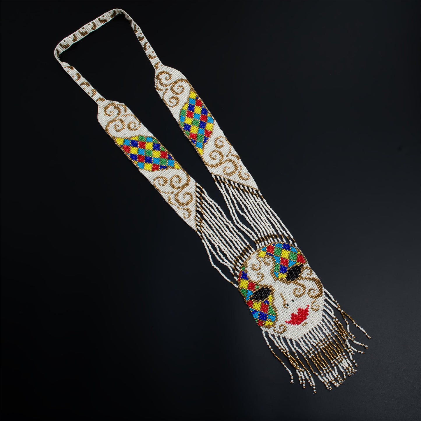 White Beaded Necklace with Abstract Woman Face Design  Multicolor Woven Seed Bead Hippie Necklace  Wedding Jewelry