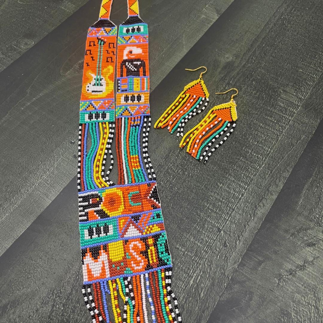 Beaded Handmade Long Necklace With Bead Necklace And Earring Set Boho Seed Bead Necklace Color Block Seed Bead Necklace Multicolor Fringe