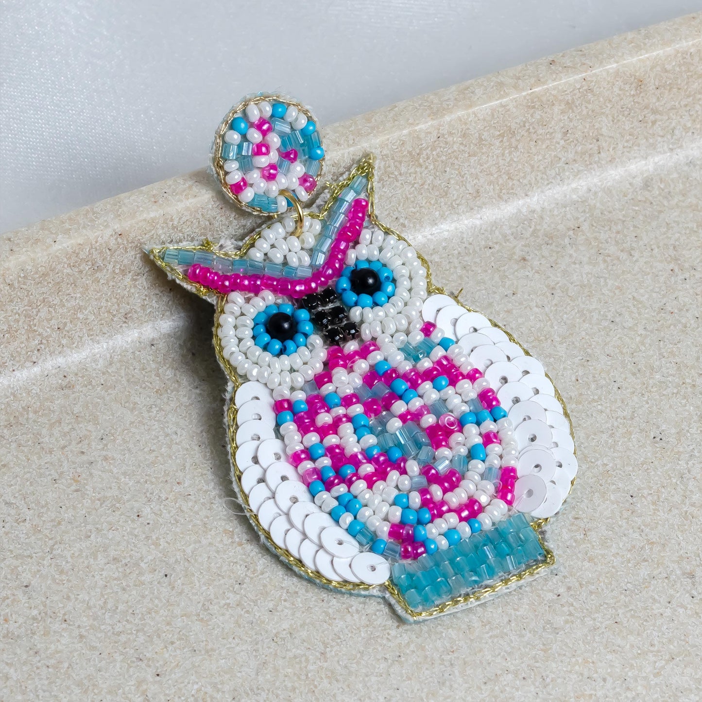 Hand Beaded White  Blue Owl Earrings  Statement Boho Earrings for Women  Beaded Jewelry