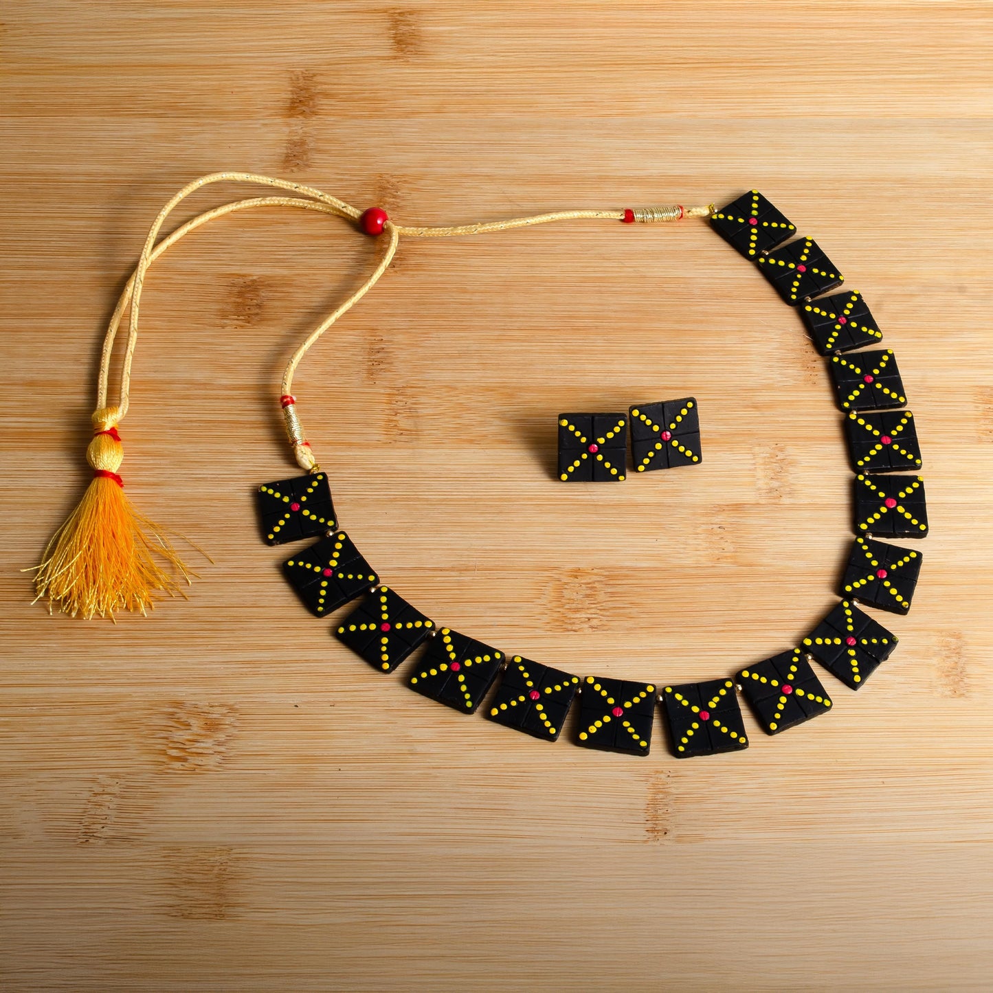 Black Clay Jewelry with Golden Dots  Geometric Design  Handmade Jewelry  Minimalist Necklace  Statement Earrings  Gifts for Her