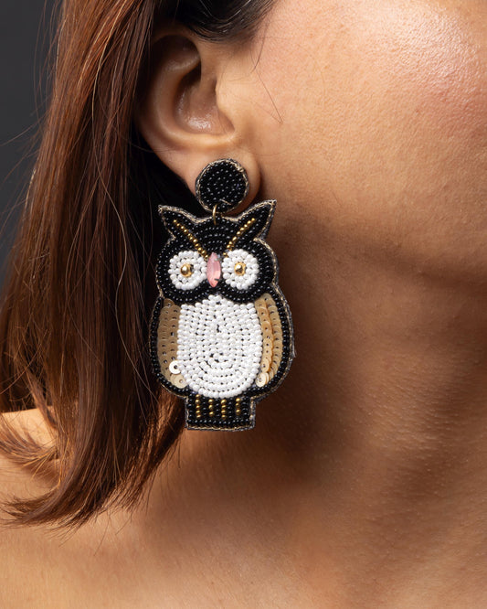 Hand Seed Bead Black  White Owl Dangle Earrings  Lightweight Boho Jewelry  Gift for Her