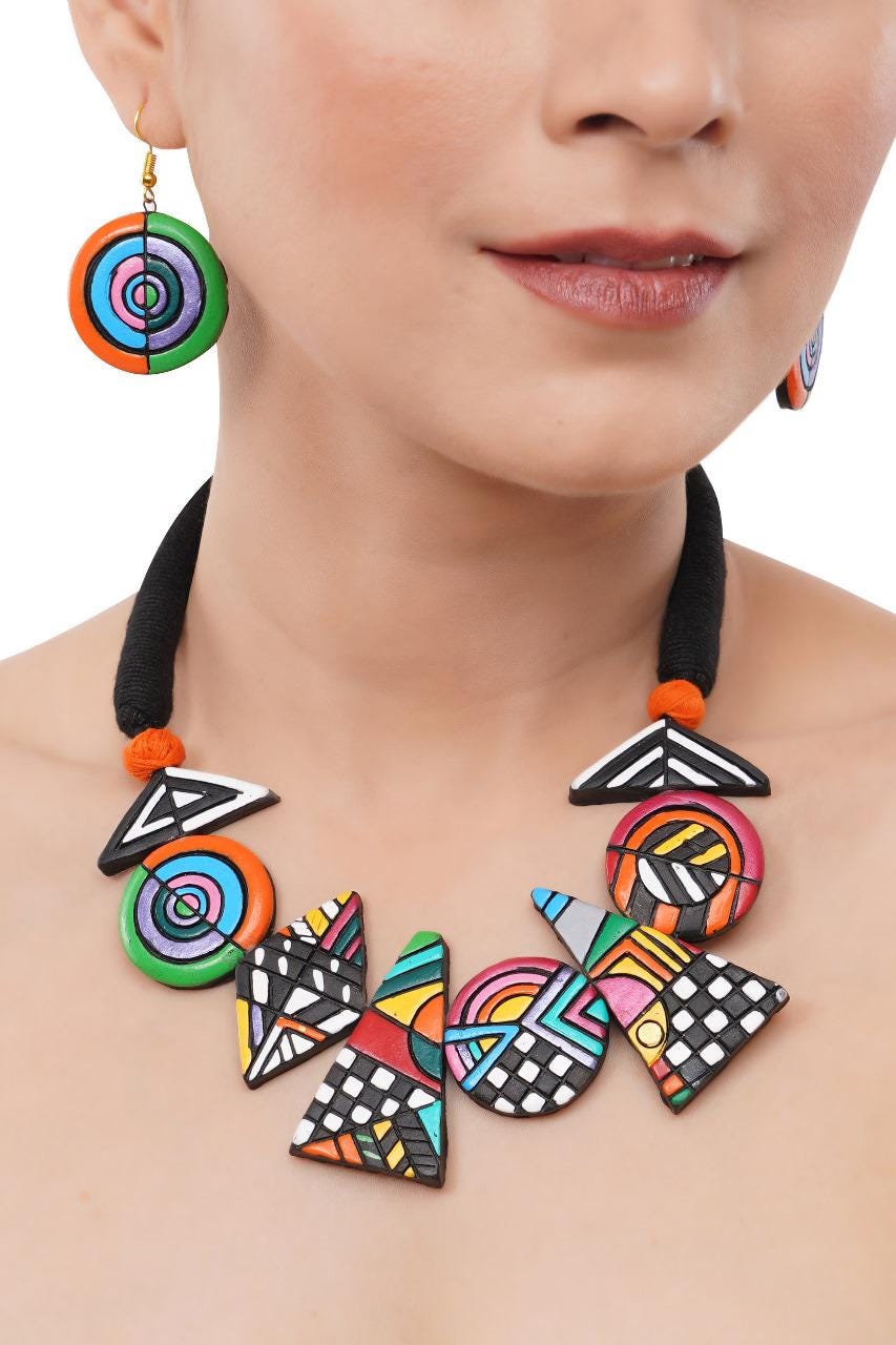 Geometric Necklace Set Handmade Jewelry Hand painted jewelry Clay Jewelry Terracotta Unique  Design, Necklace Set with Earrings