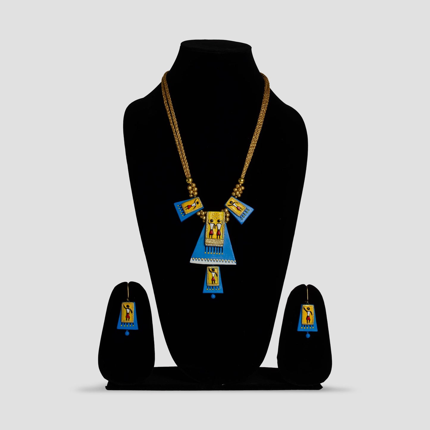 Blue Trapezoid Clay Necklace  Cute Earrings  Tribal Inspired Handcrafted Jewelry  Gifts for Her