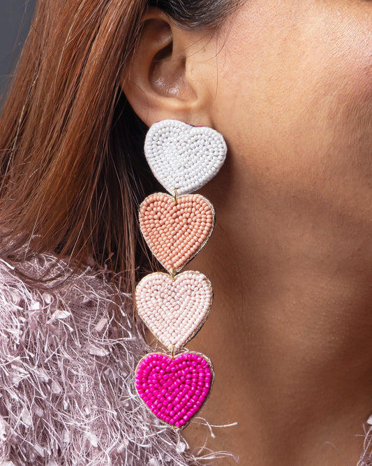 Pink Heart Seed Bead Long Earrings  Lightweight Boho Jewelry  Valentine’s Day Gift for Her