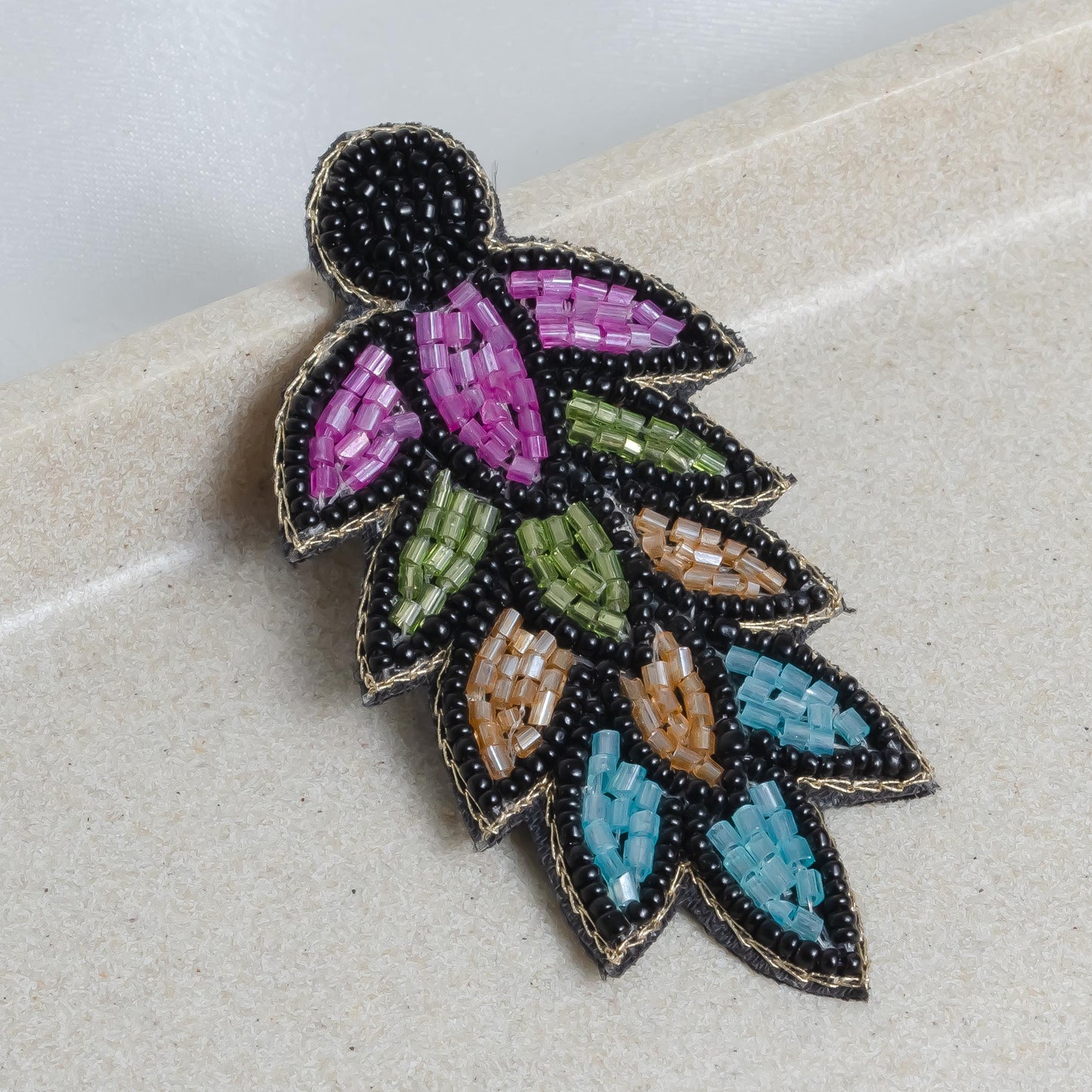 Black Seed Bead Embroidered Leaf Earrings  Long Boho Statement Jewelry  Gift for Her