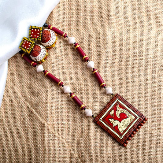 Maroon Clay Earring & Necklace Set – Tile Design Dangle Boho Jewelry | Handmade Jewelry