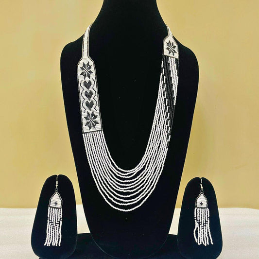 White Beaded Fringe Earring And Necklace Set Boho Beaded Handmade Earring Dangle Beaded Necklace For Gift For Her Birthday Necklace Woman