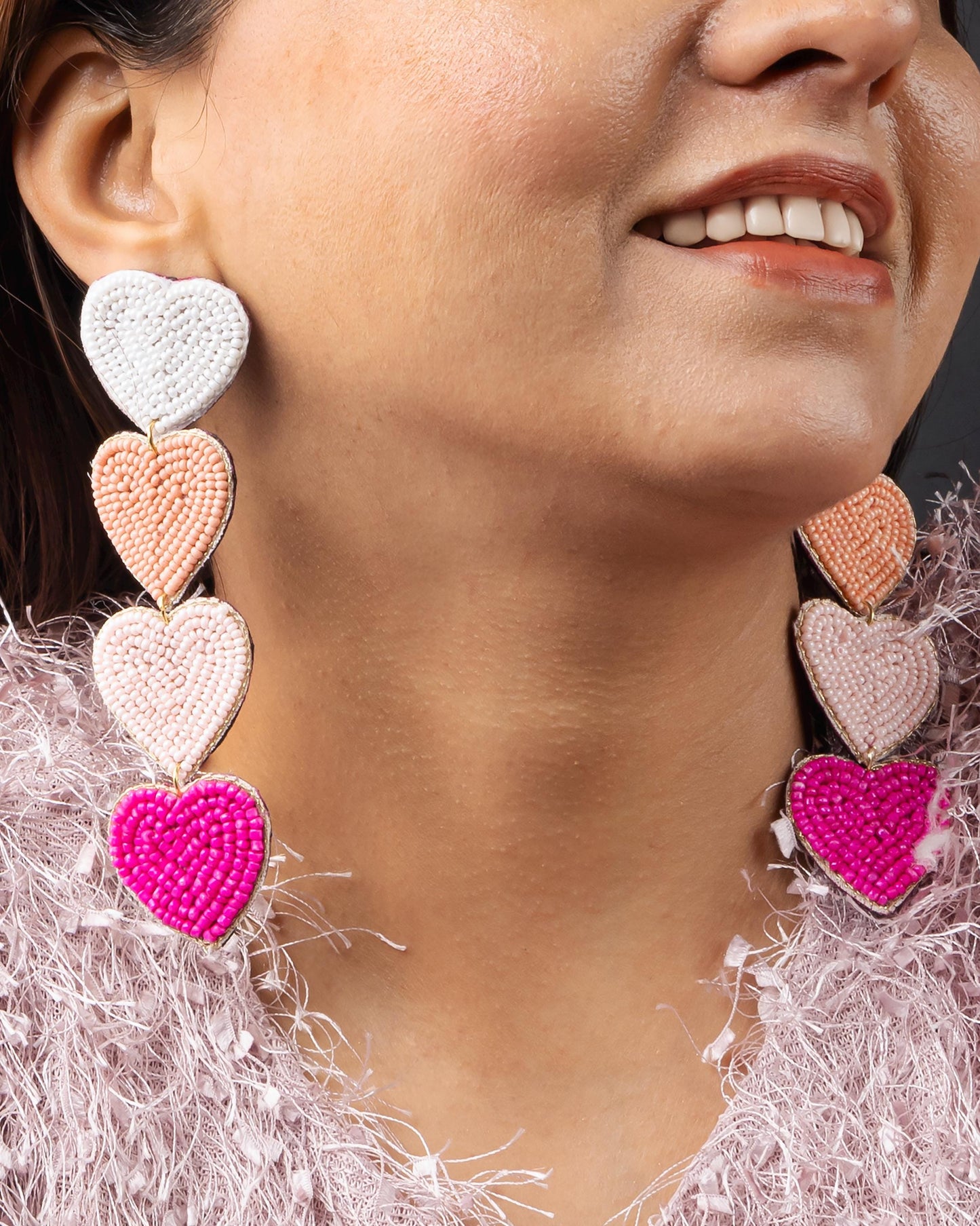 Pink Heart Seed Bead Long Earrings  Lightweight Boho Jewelry  Valentine’s Day Gift for Her