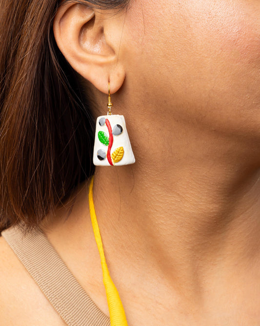 Geometric White Clay Jewelry Set with Colored Leaves  Handcrafted Dangle Earrings  Gifts for Her