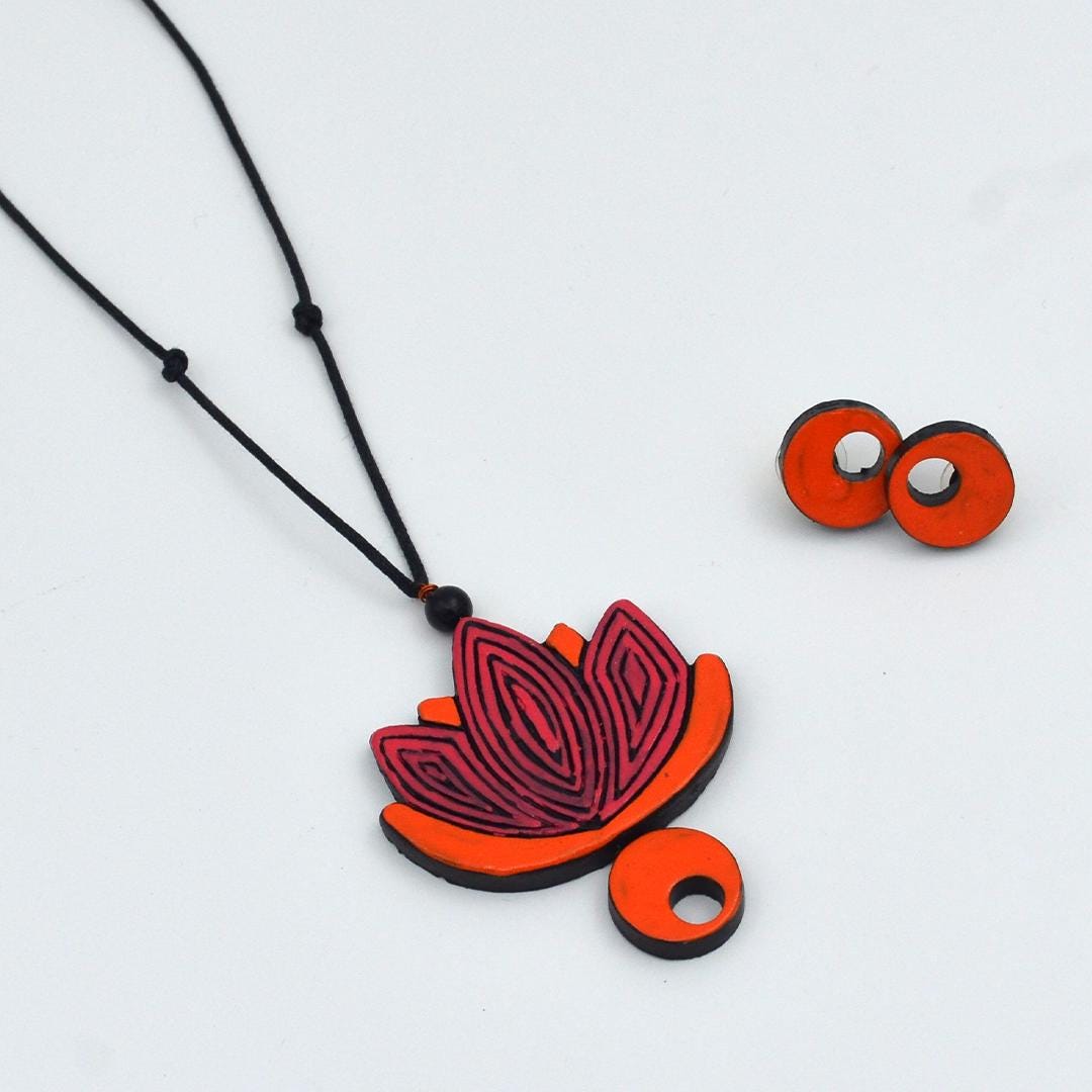 Lotus Clay Jewelry Set  Pink  Orange Minimalist Necklace  Handmade Jewelry Perfect Gifts for Her