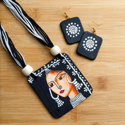 Tribal Women Clay Jewelry Set: Handcrafted Black and White Necklace Earrings