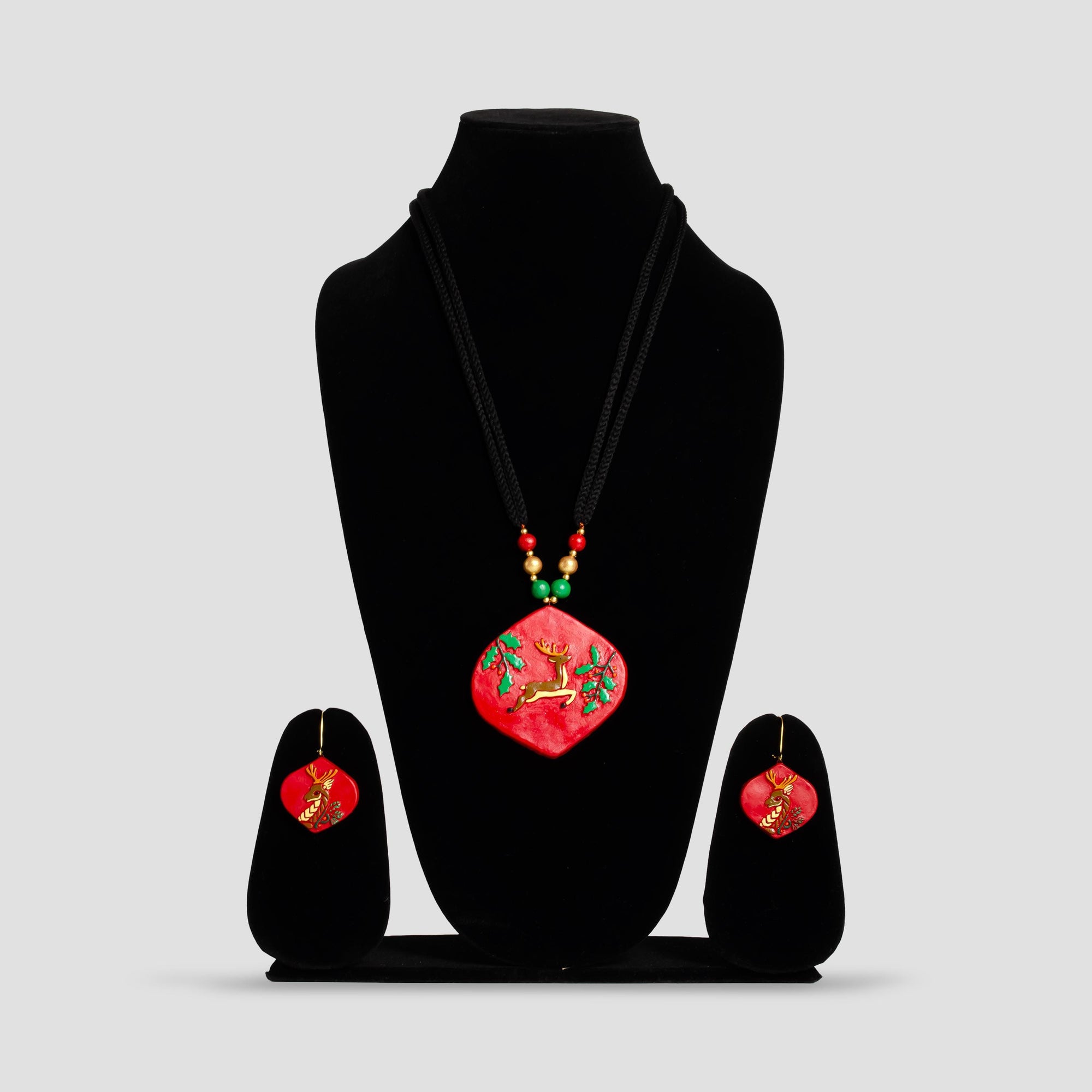 Handmade 3D Reindeer Clay Jewelry Set: Christmas Necklace & Earrings