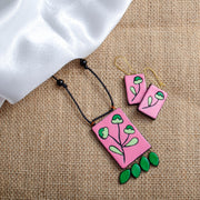 Handmade Pink Clay Necklace Set: Floral Terracotta Jewelry