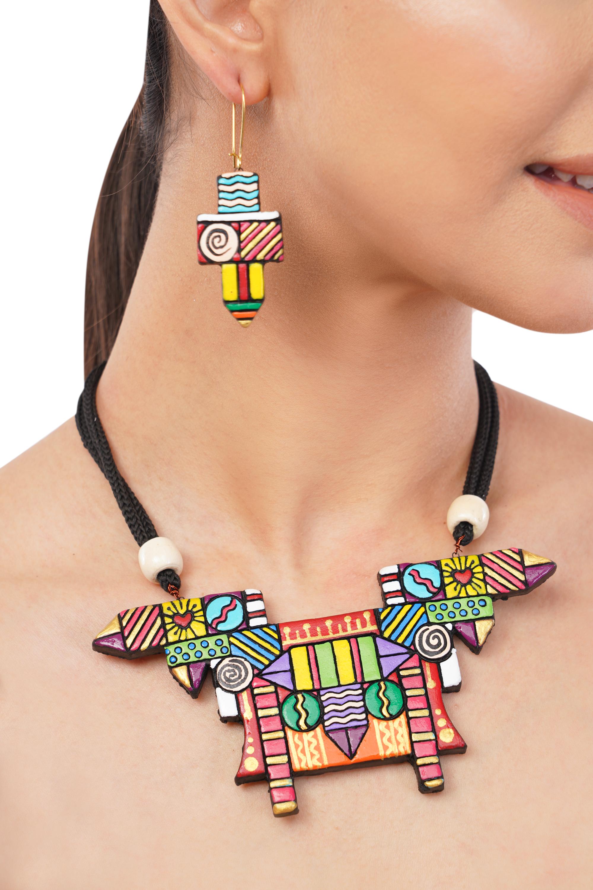 Handmade Terracotta Jewelry Set: Colorful Pencil-Eraser Design