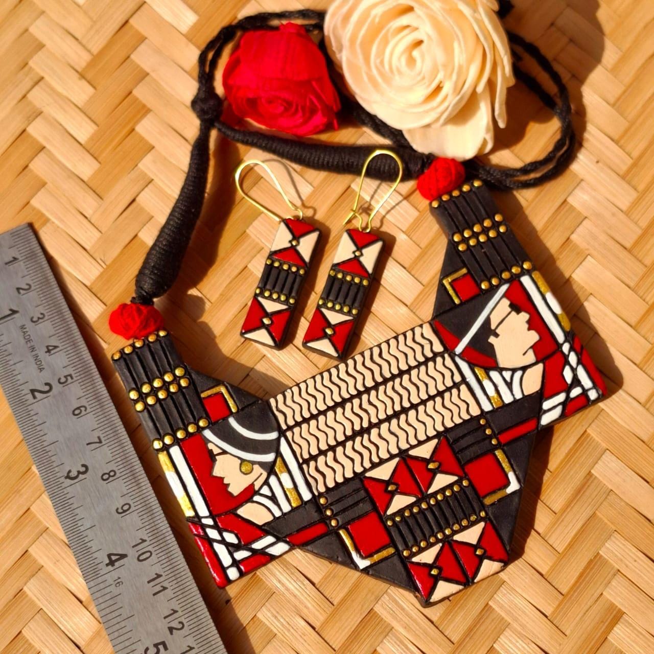 Handmade Terracotta Clay Jewelry Set: Tribal Design Necklace & Earrings