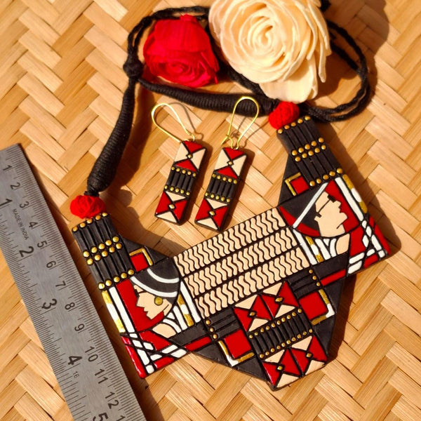Handmade Terracotta Clay Jewelry Set: Tribal Design Necklace & Earrings