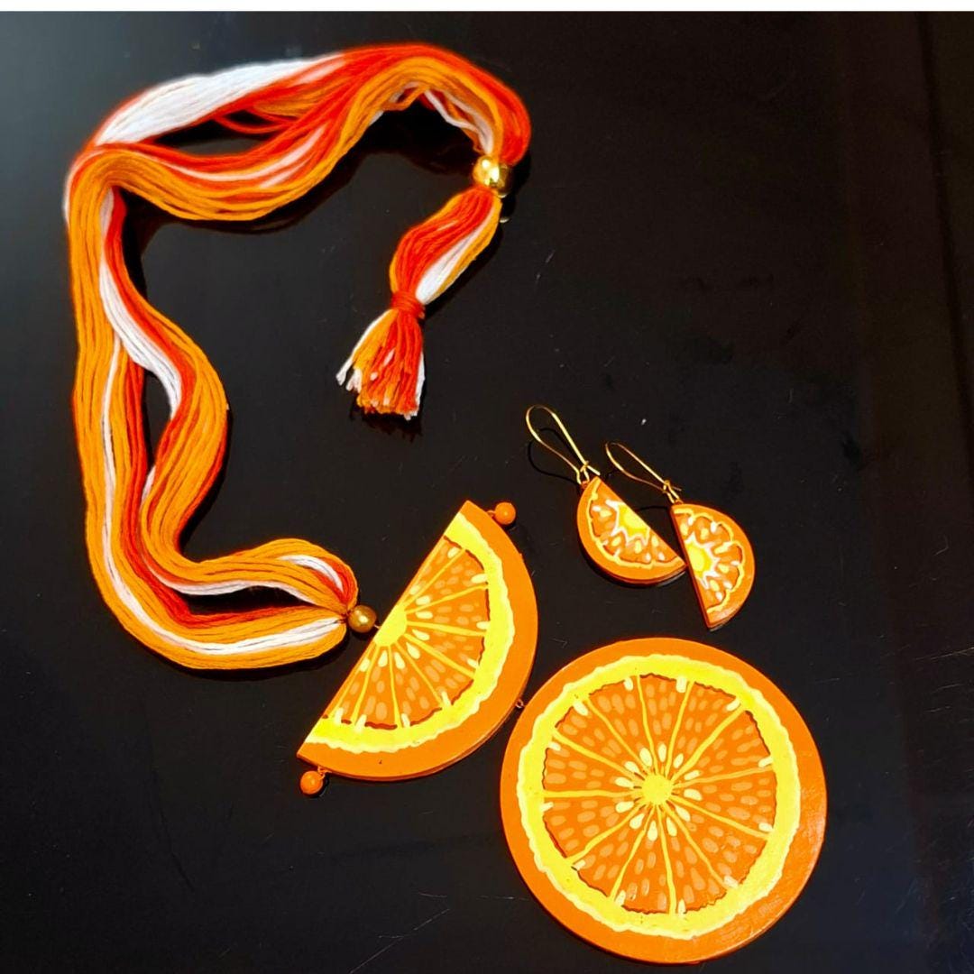 Handmade Terracotta Mandarin Orange Jewelry Set: Clay Pendant Necklace & Earrings