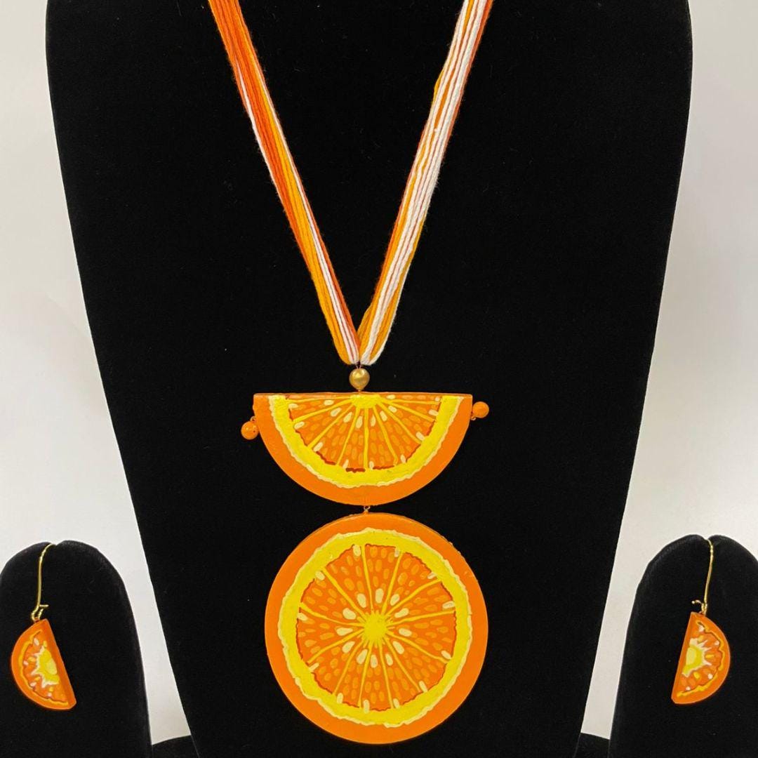 Handmade Terracotta Mandarin Orange Jewelry Set: Clay Pendant Necklace & Earrings