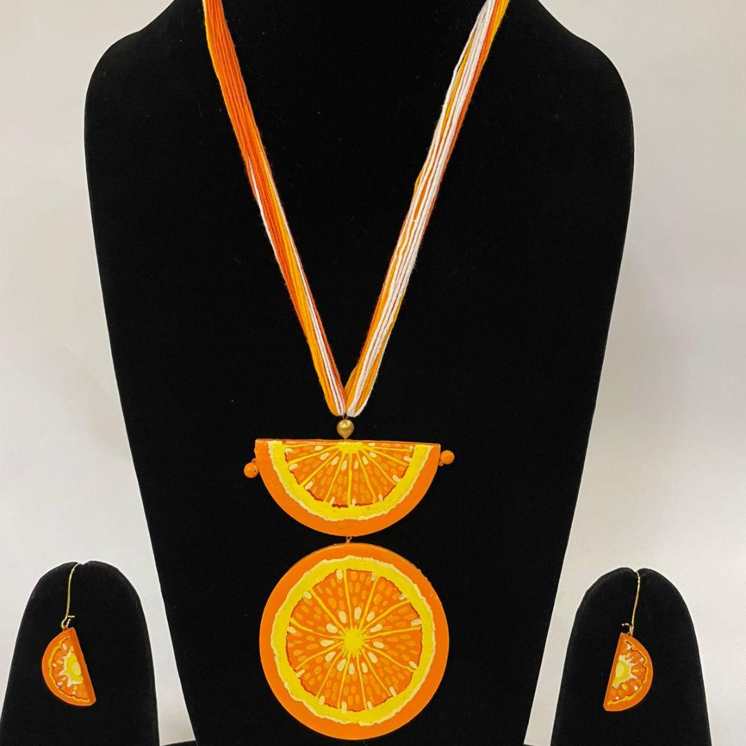 Handmade Terracotta Mandarin Orange Jewelry Set: Clay Pendant Necklace & Earrings