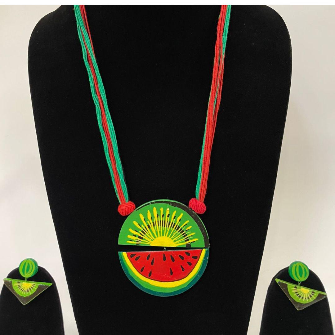Handmade Clay Jewelry Set: Kiwi Watermelon Necklace and Earrings