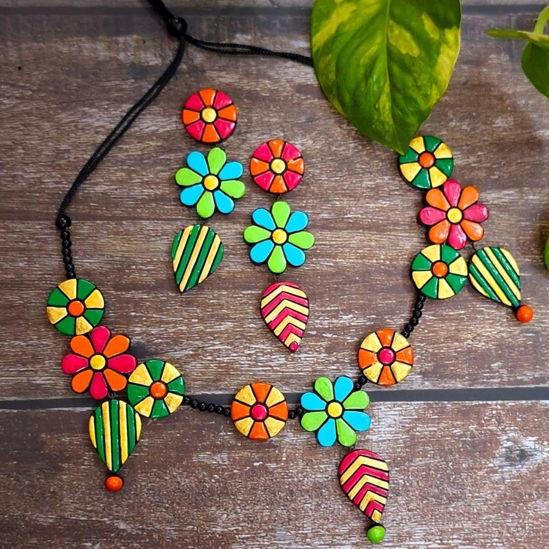 Handmade Floral Clay Jewelry Set: Boho Necklace & Dangle Earrings