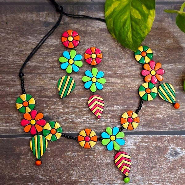 Handmade Floral Clay Jewelry Set: Boho Necklace & Dangle Earrings