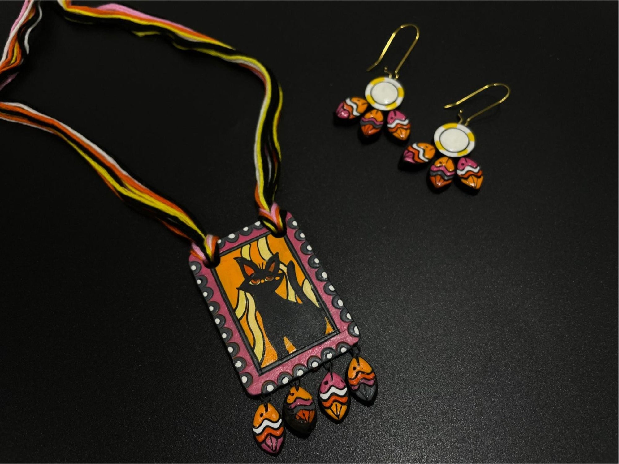 Handmade Clay Cat Necklace & Earrings Set: Whimsical Terracotta Jewelry