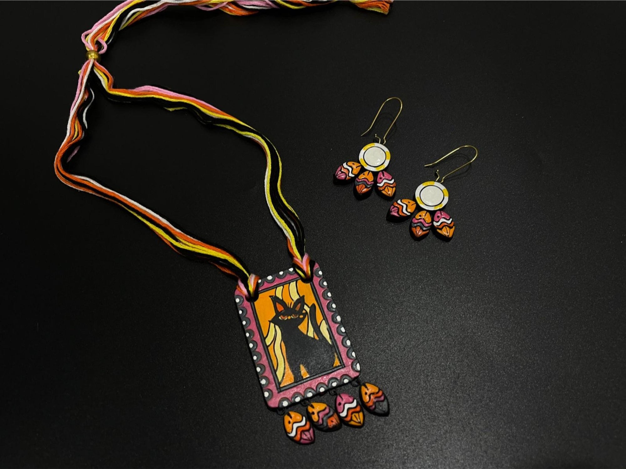 Handmade Clay Cat Necklace & Earrings Set: Whimsical Terracotta Jewelry