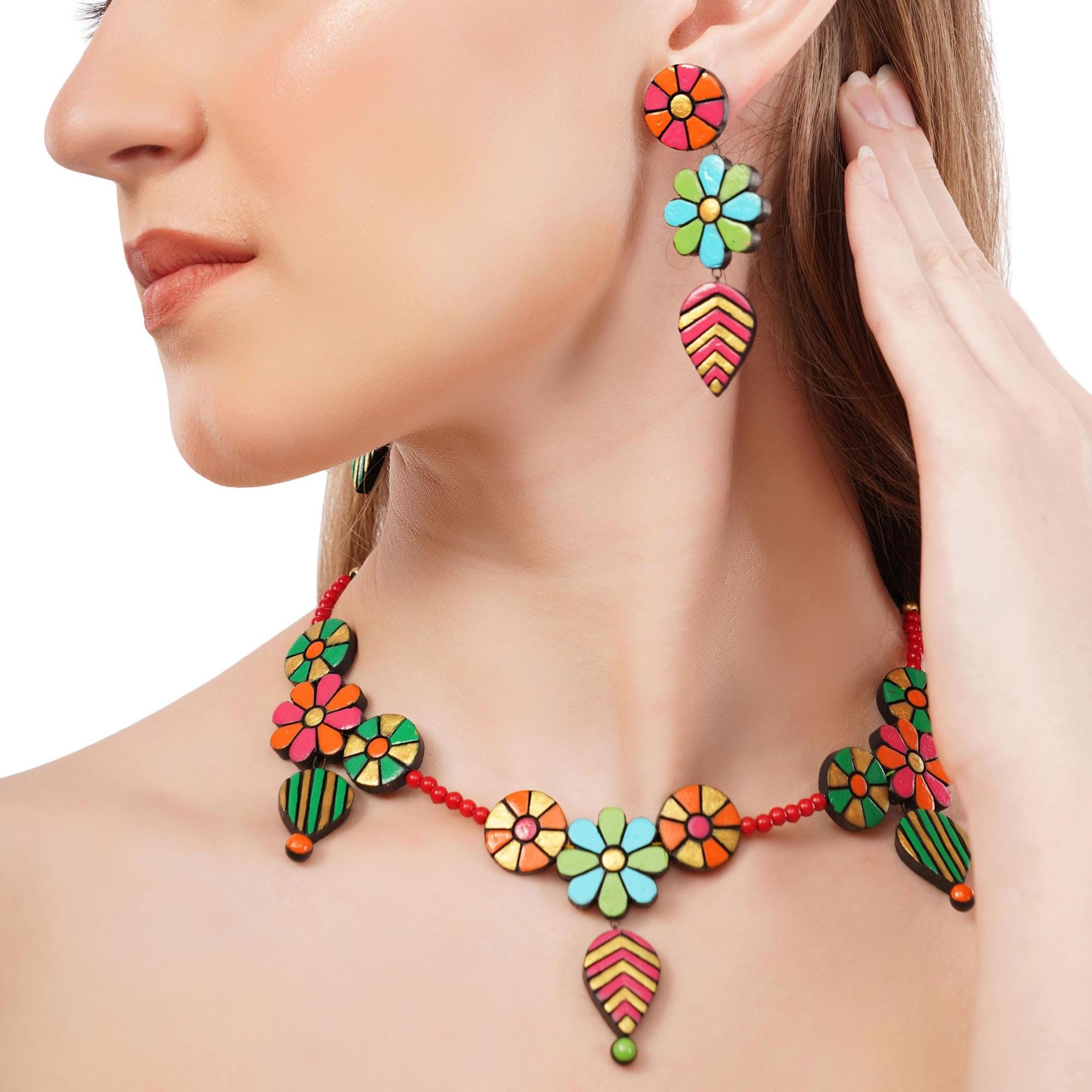 Handmade Floral Clay Jewelry Set: Boho Necklace & Dangle Earrings