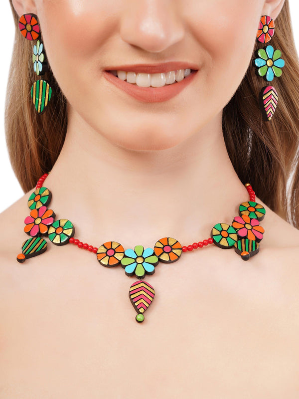 Handmade Floral Clay Jewelry Set: Boho Necklace & Dangle Earrings