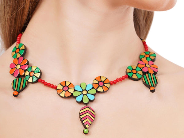 Handmade Floral Clay Jewelry Set: Boho Necklace & Dangle Earrings