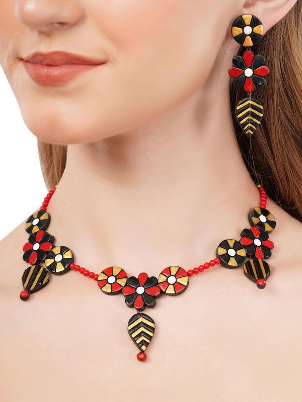 Handmade Floral Clay Jewelry Set: Boho Necklace & Dangle Earrings