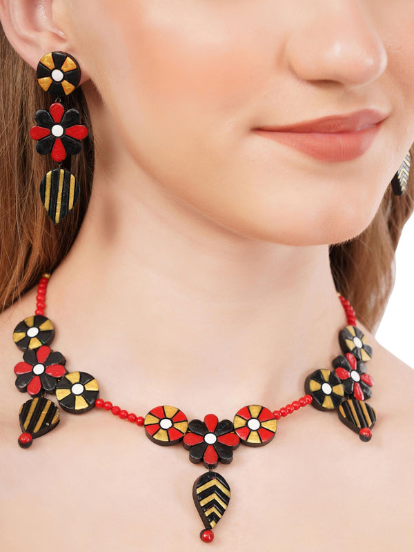 Handmade Floral Clay Jewelry Set: Boho Necklace & Dangle Earrings