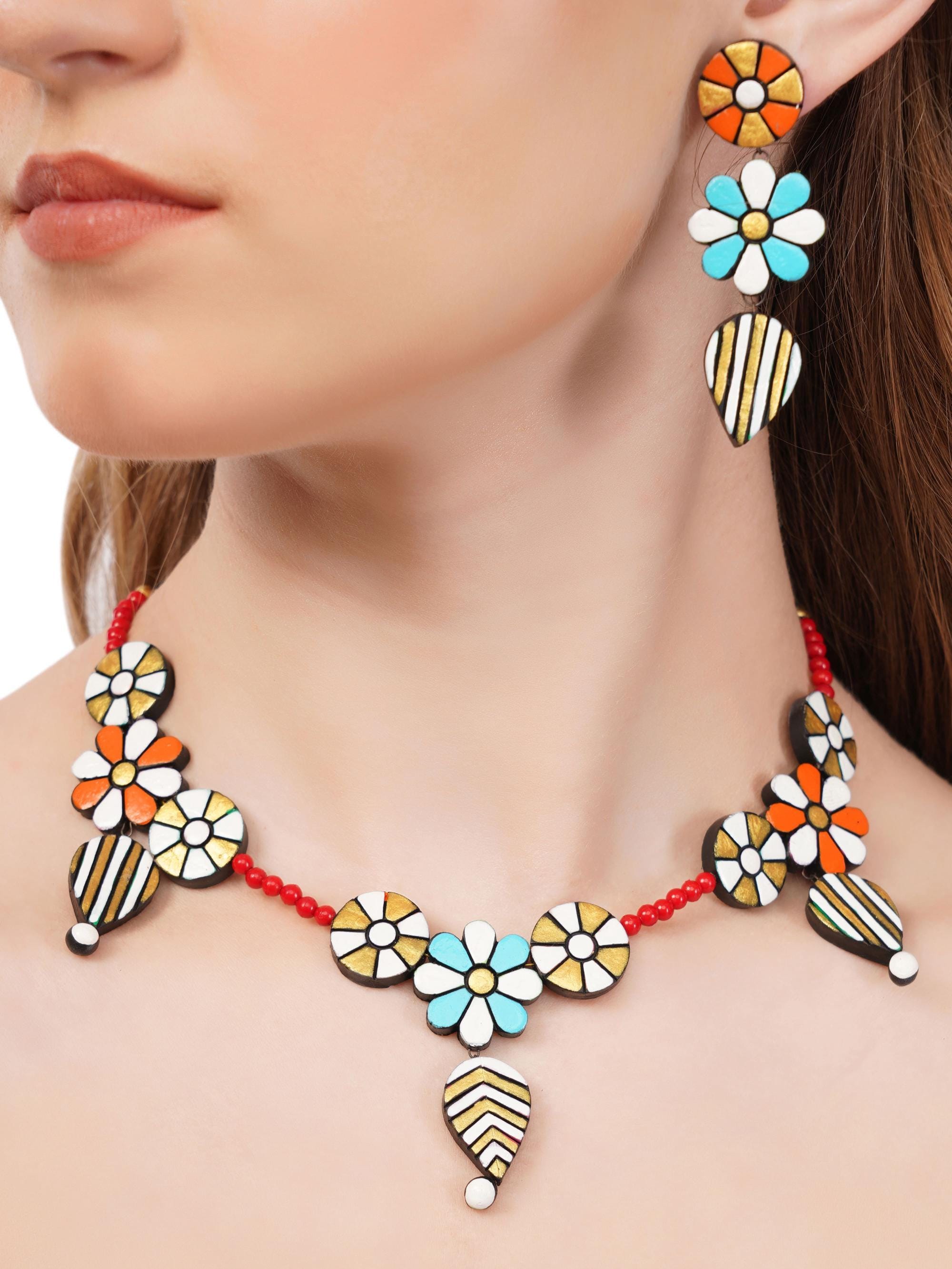Handmade Floral Clay Jewelry Set: Boho Necklace & Dangle Earrings