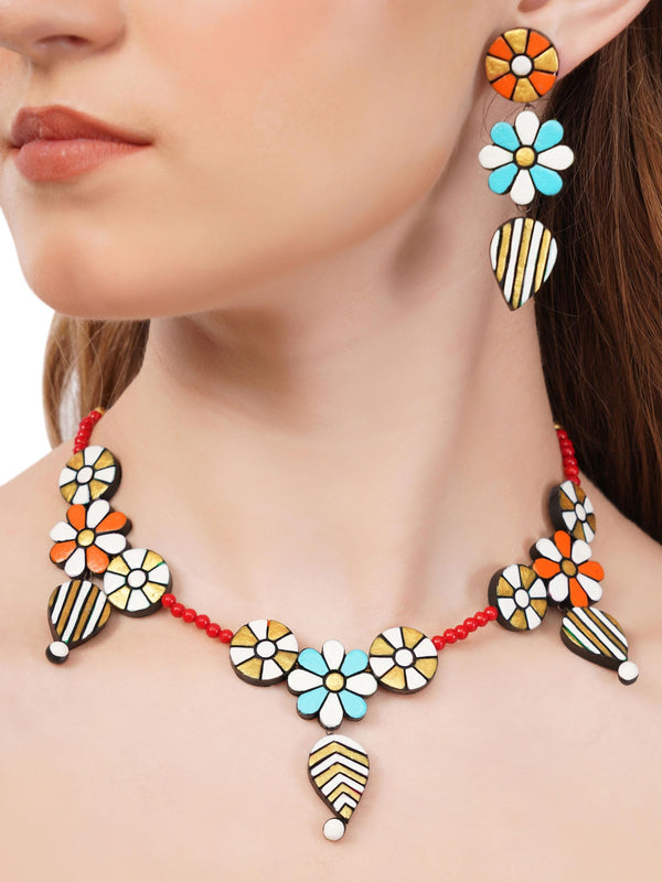 Handmade Floral Clay Jewelry Set: Boho Necklace & Dangle Earrings