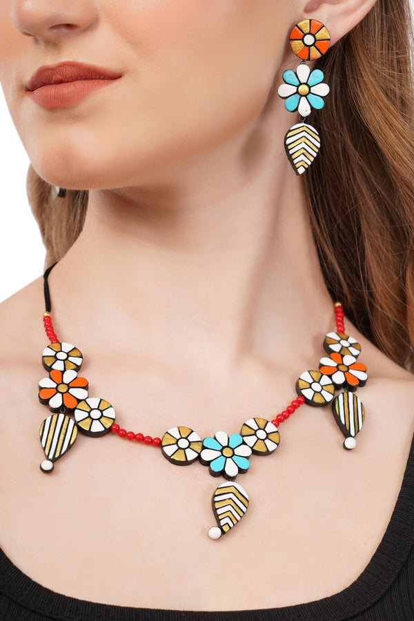 Handmade Floral Clay Jewelry Set: Boho Necklace & Dangle Earrings