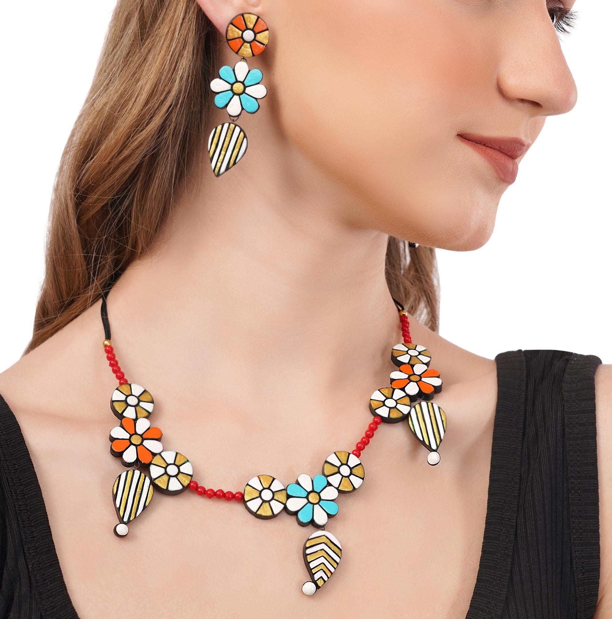 Handmade Floral Clay Jewelry Set: Boho Necklace & Dangle Earrings