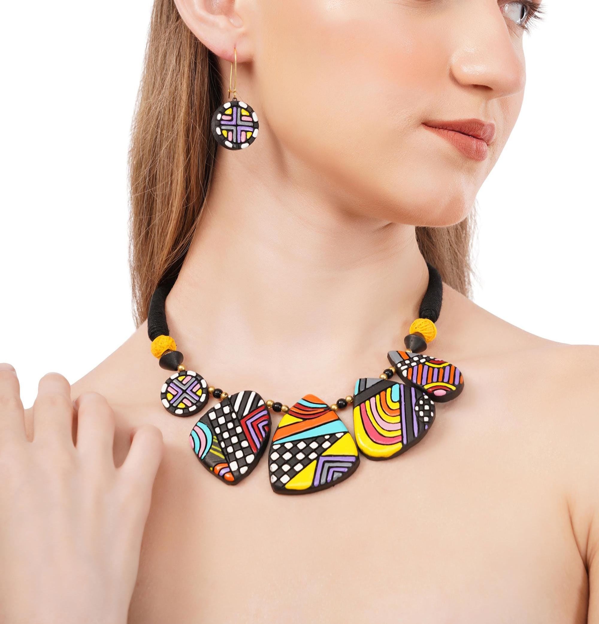 Handmade Clay Necklace Earring Set: Boho Terracotta Jewelry
