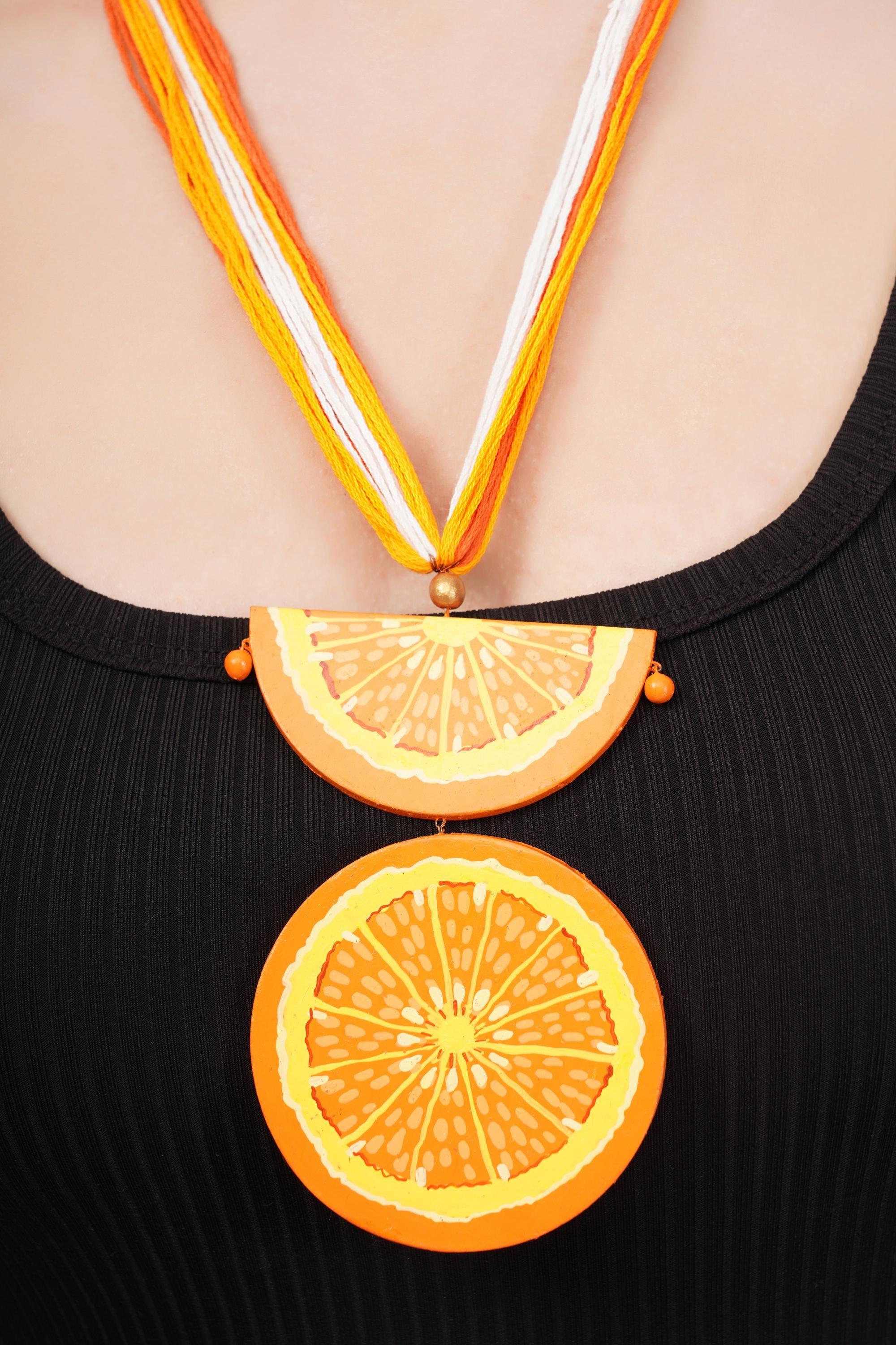 Handmade Terracotta Mandarin Orange Jewelry Set: Clay Pendant Necklace & Earrings