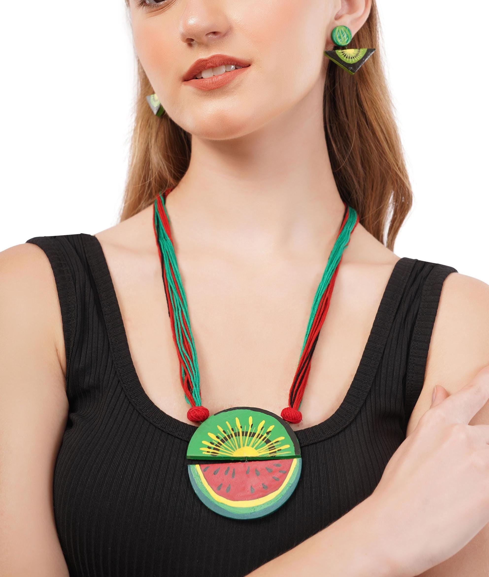 Handmade Clay Jewelry Set: Kiwi Watermelon Necklace and Earrings