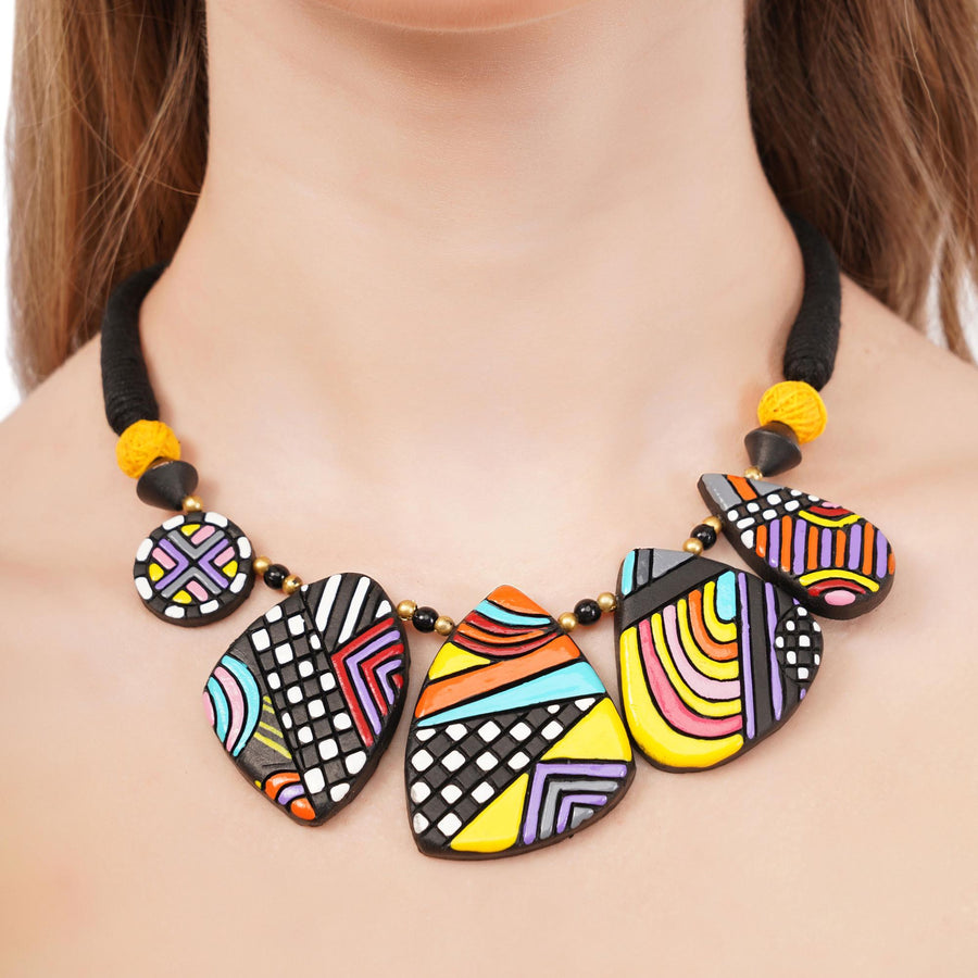 Boho hand-painted terracotta clay necklace and earrings set