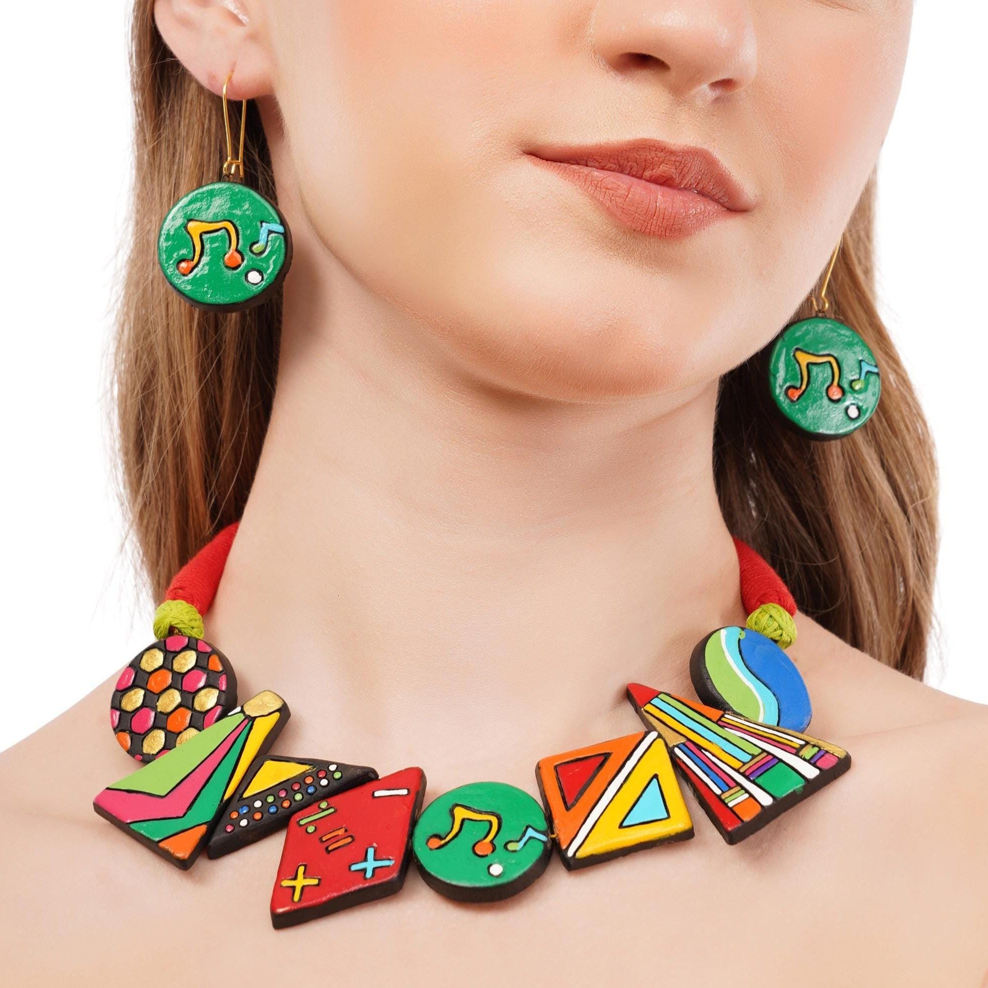 Colorful Clay Music Jewelry Set: Handmade Necklace & Earrings