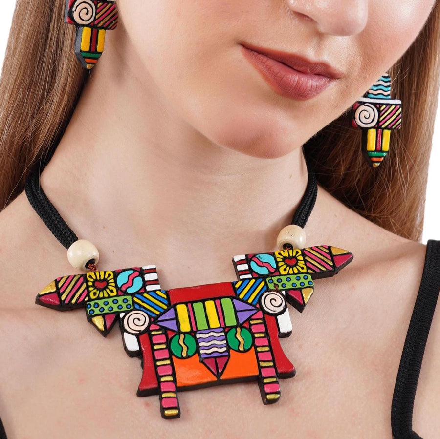 Colorful pencil and eraser terracotta necklace and earrings set