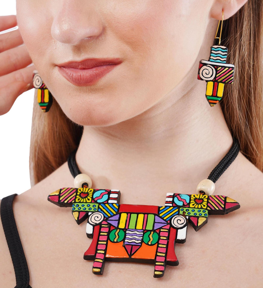 Colorful pencil and eraser terracotta necklace and earrings set – view 2