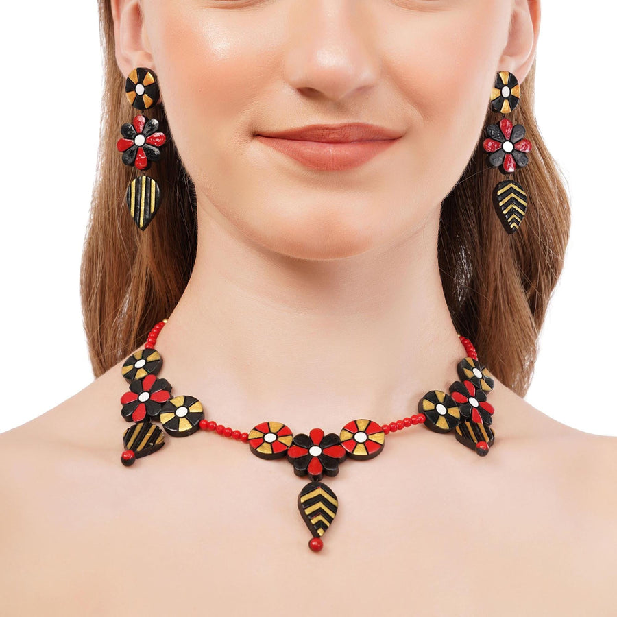 Floral hand-painted clay necklace and dangle earrings set – view 2