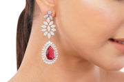 Dangle American Diamond Red Stone Earrings: Copper Alloy Flower Drop