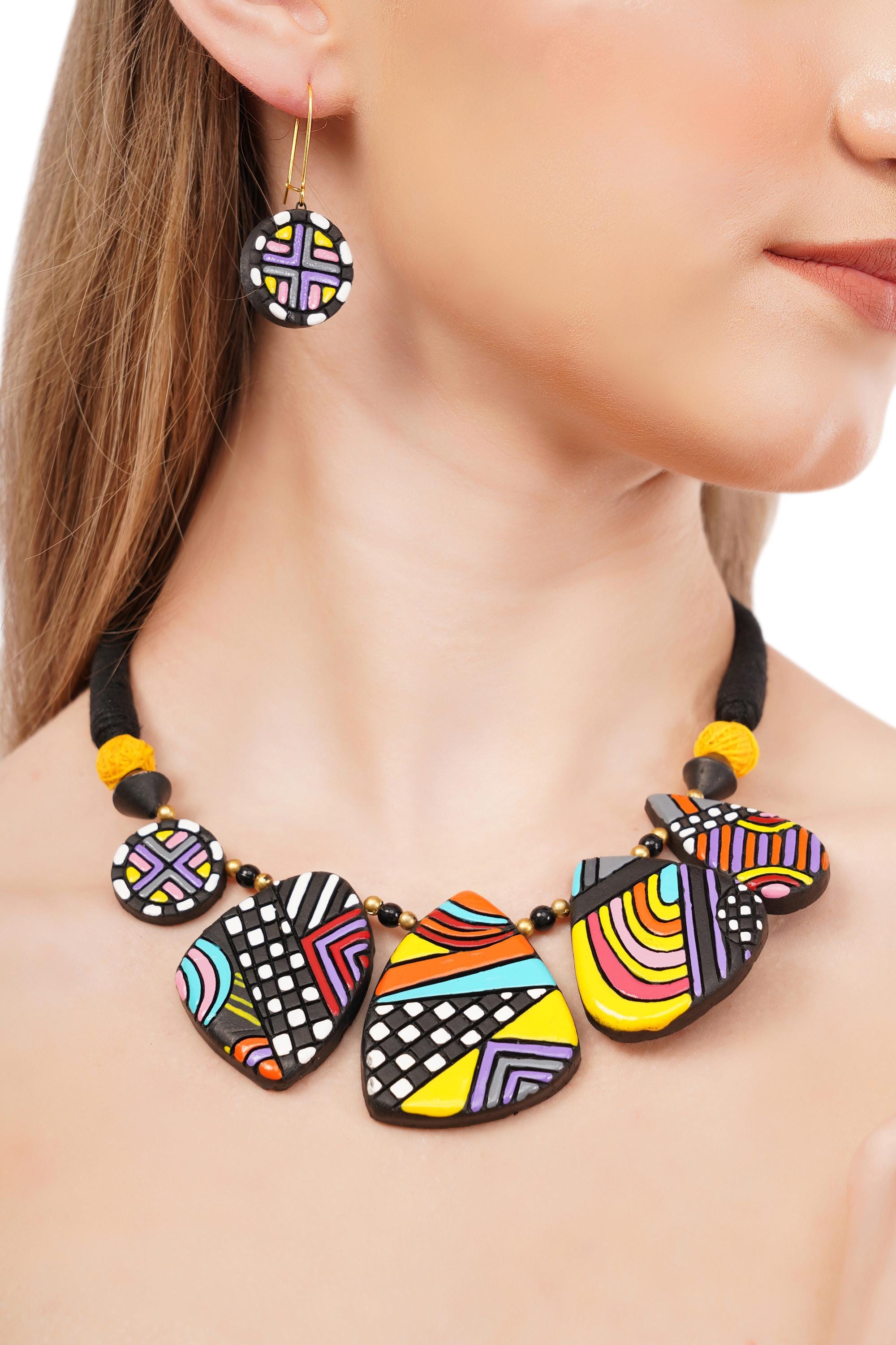 Handmade Clay Necklace Earring Set: Boho Terracotta Jewelry