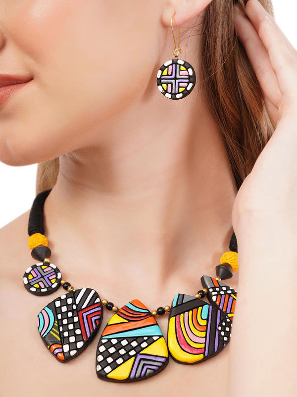 Handmade Clay Necklace Earring Set: Boho Terracotta Jewelry