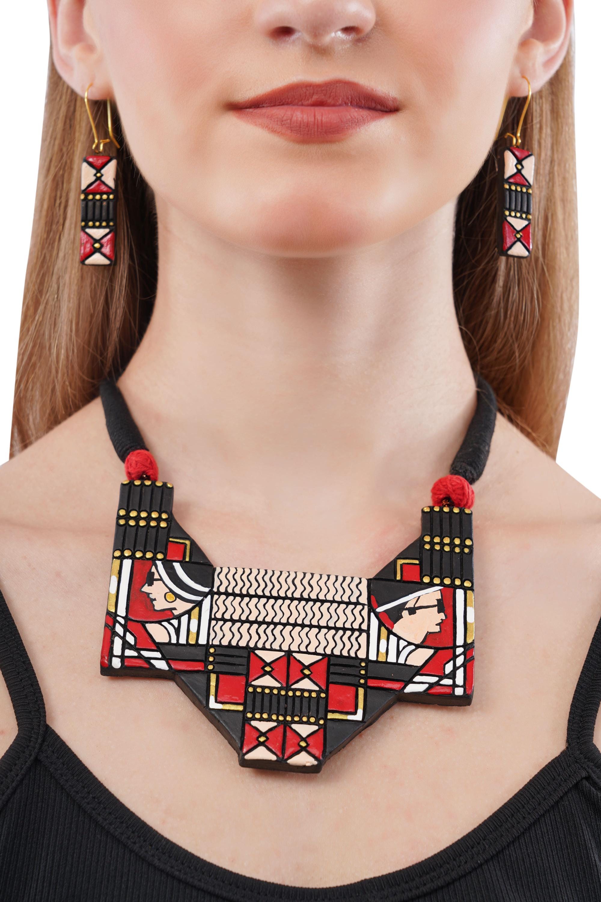 Handmade Terracotta Clay Jewelry Set: Tribal Design Necklace & Earrings